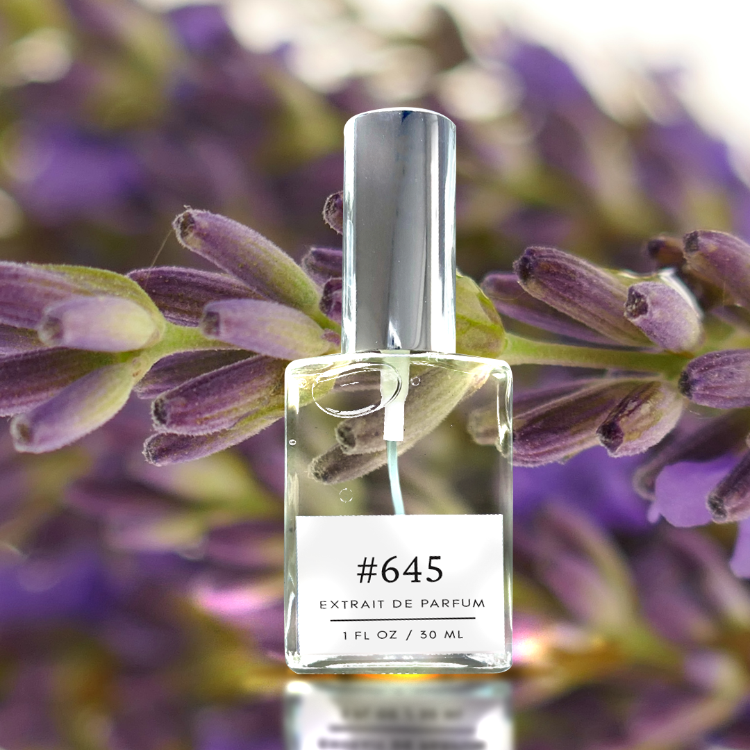 A bottle labeled '645 Dupe' Unisex Fragrance - Amber Lavender Dupe Jo Malone stands elegantly on a lavender background. The label indicates it contains 1 fl oz / 30 ml of the fragrance, evoking a sense of luxury and sophistication.