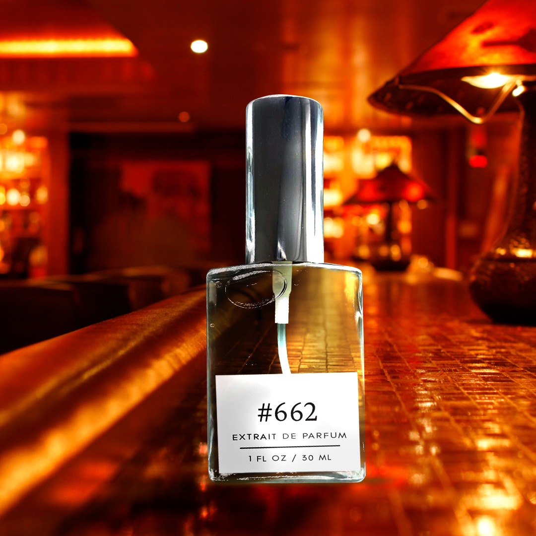 The vial stands on a counter table illuminated by dim lights from lamps. In the background, a label reads '1 fl/30 ml,' hinting at the fragrance's volume and elegance."