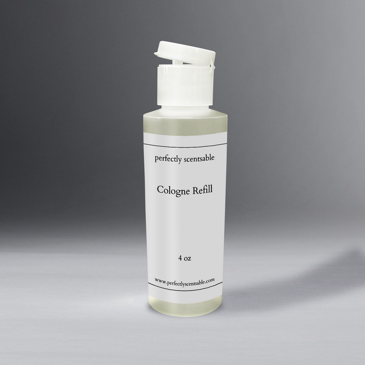 A white 4 oz refill bottle for cologne stands against an elegant gray background. The bottle is cylindrical with a minimalistic design, emphasizing its sleek and clean appearance