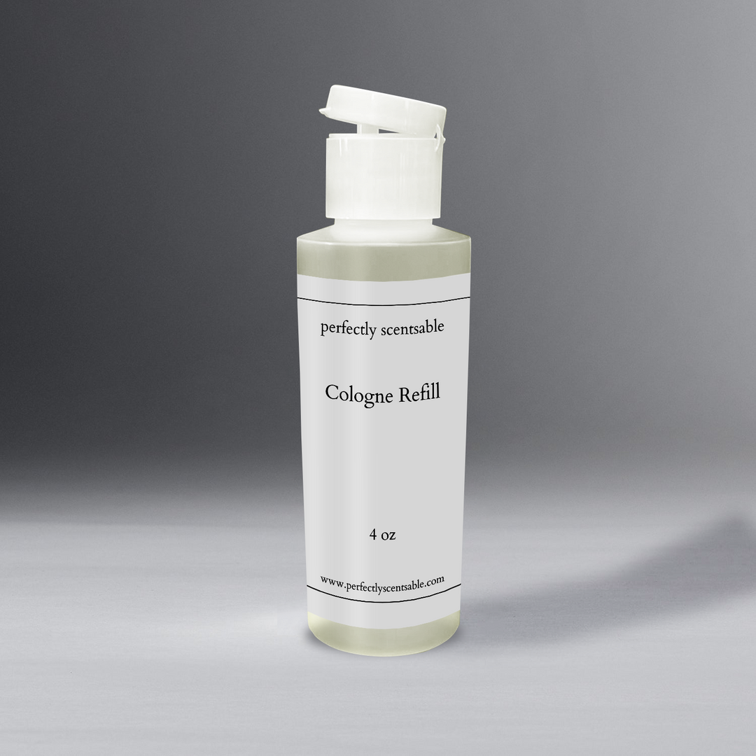 A white 4 oz refill bottle for cologne stands against an elegant gray background. The bottle is cylindrical with a minimalistic design, emphasizing its sleek and clean appearanc