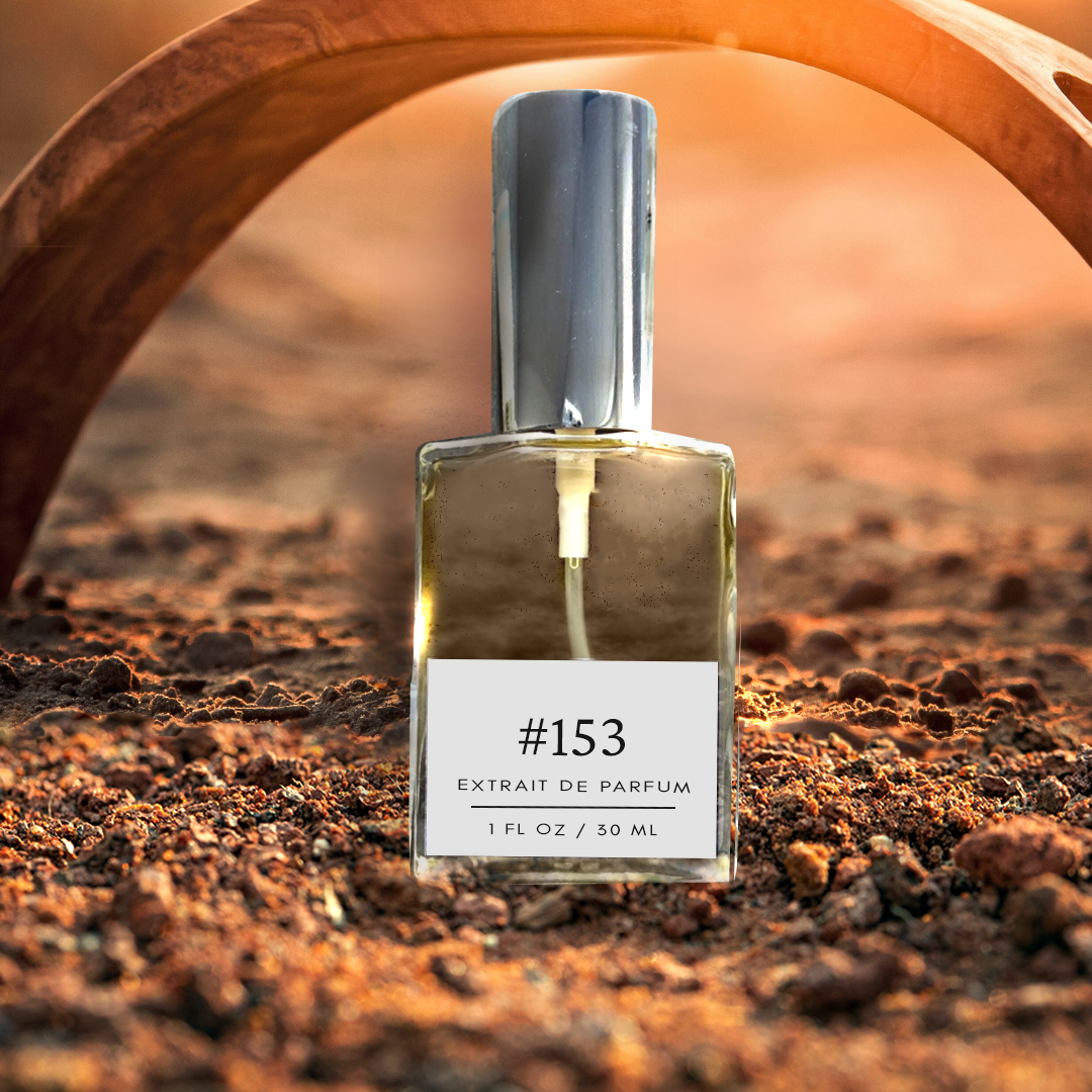 A bottle of Exotic Oud Wood Fragrance Dupe, inspired by Jo Malone's Bronze Wood & Leather 153, rests on a sandy background. The bottle is elegantly positioned under an arc of wood, with the warm rays of a sunset casting a golden glow over the scene, creating a serene and luxurious ambiance.