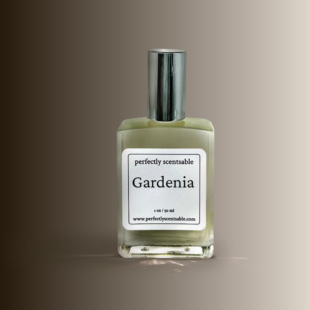 A 1oz square glass bottle labeled Gardenia by Perfectly Scentsable with a silver cap.