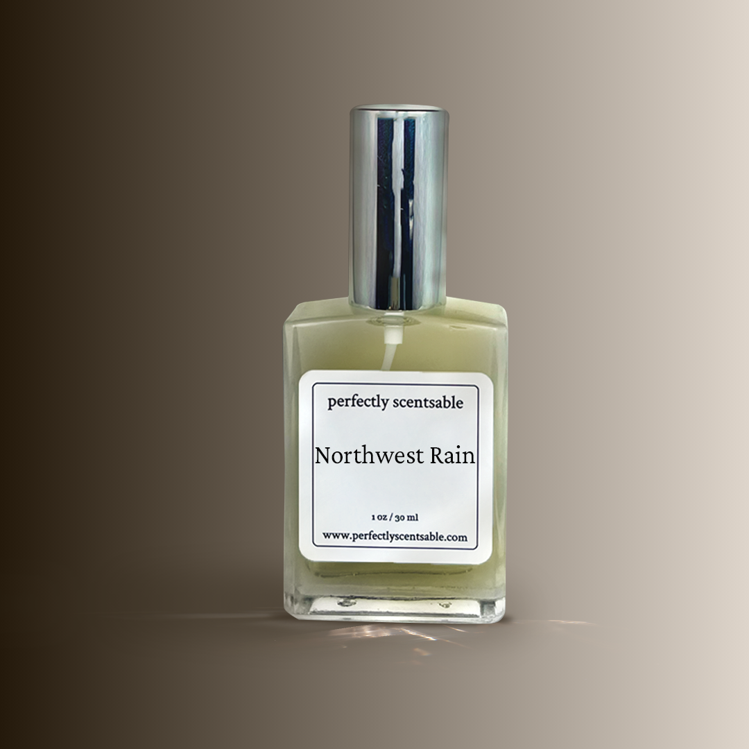 A 1 oz oil perfume square glass bottle labeled Northwest Rain by Perfectly Scentsable.