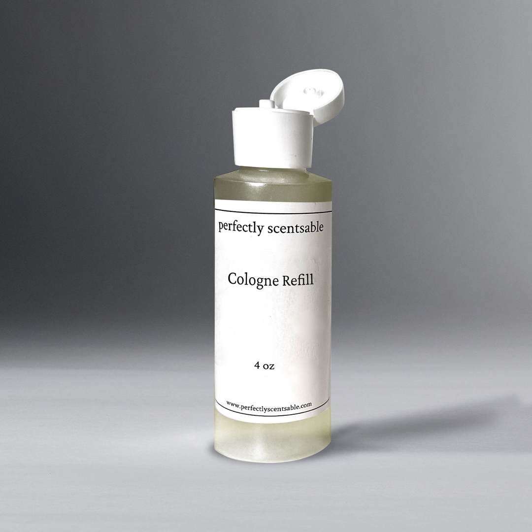 A white 4 oz refill bottle for cologne stands against an elegant gray background. The bottle is cylindrical with a minimalistic design, emphasizing its sleek and clean appearance.