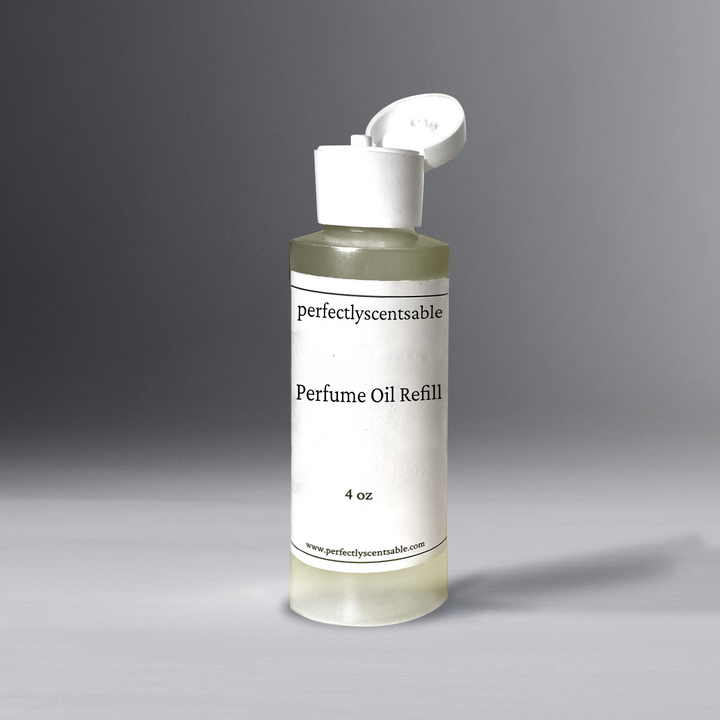 A white 4 oz refill bottle for perfume oil stands against an elegant gray background. The bottle is cylindrical with a minimalistic design, emphasizing its sleek and clean appearance.