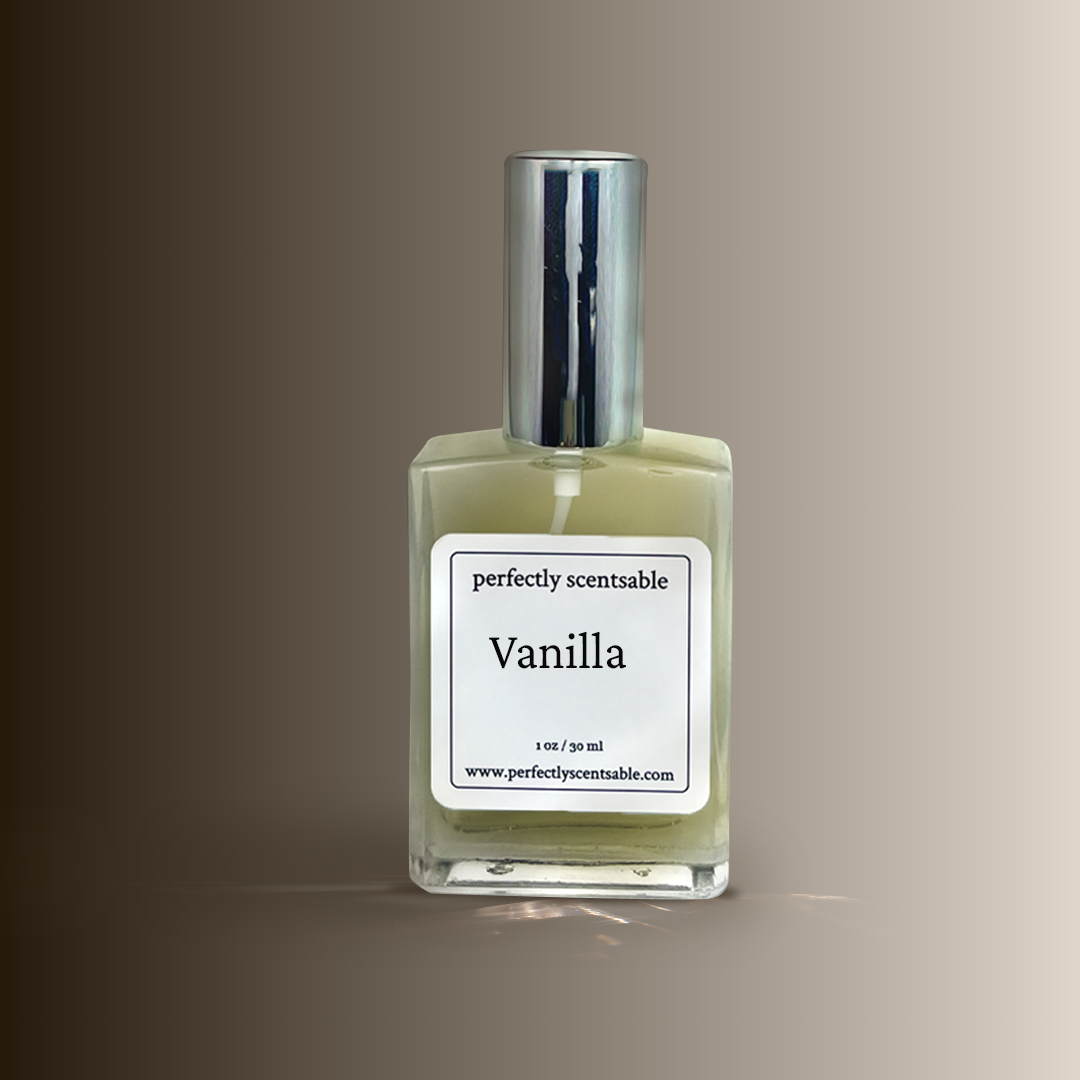 A square glass bottle labeled Vanilla by Perfectly Scentsable with a silver cap, set 
against a brown to beige gradient background.