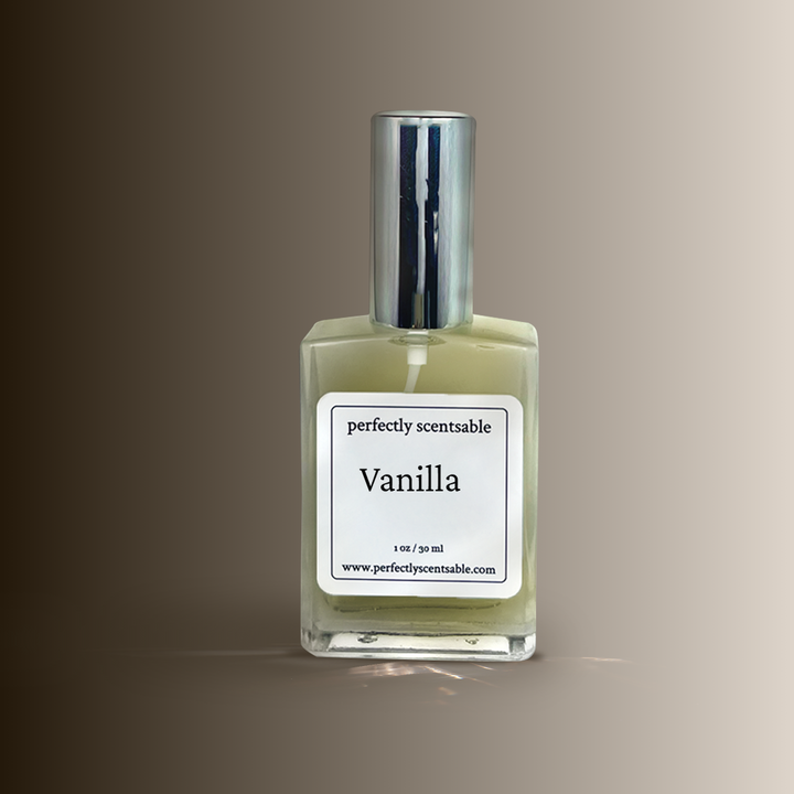 A square glass bottle labeled Vanilla by Perfectly Scentsable with a silver cap, set 
against a brown to beige gradient background.