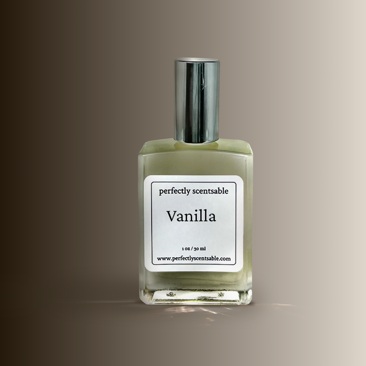 A square glass bottle labeled Vanilla by Perfectly Scentsable with a silver cap, set 
against a brown to beige gradient background.