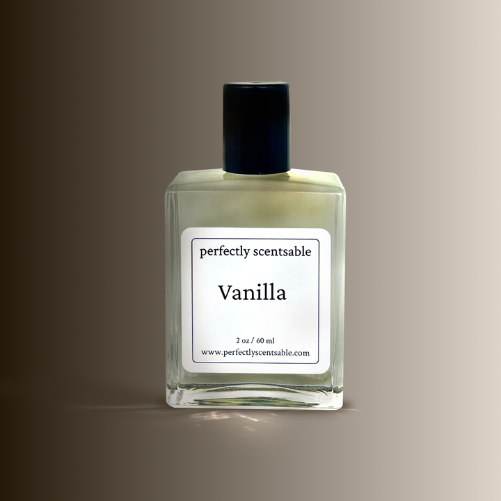 A square glass bottle labeled Vanilla by Perfectly Scentsable with a dark cap, featuring a 2 oz / 60 ml size label, placed against a smooth brown-to-beige gradient background.