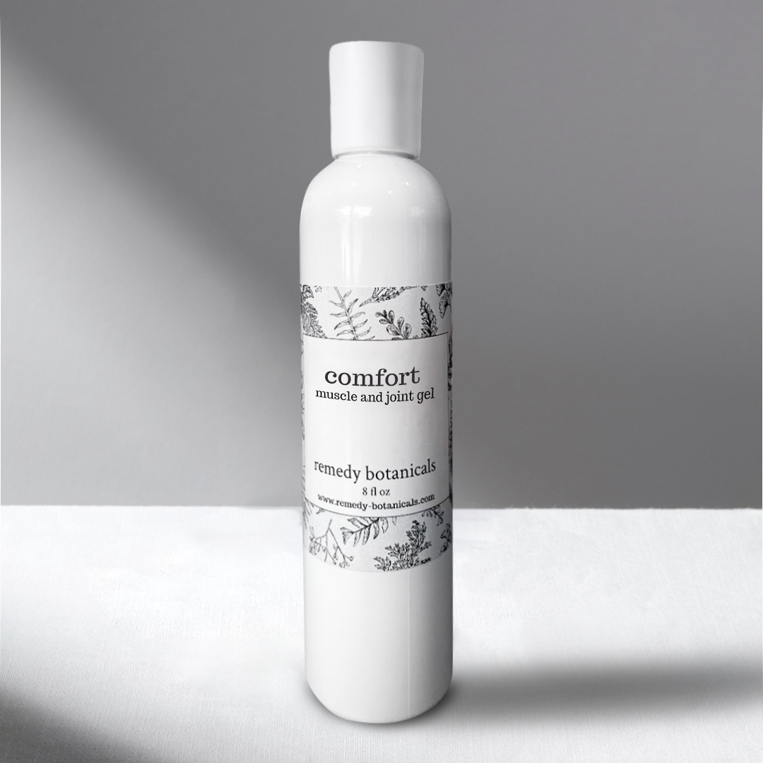 White bottle of 'comfort' muscle and joint gel from 'remedy botanicals' on a gray background