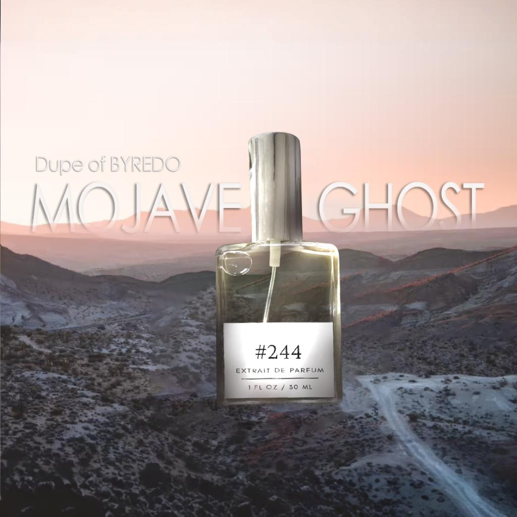 A minimalist glass perfume bottle labeled "#244 Extrait de Parfum, 1 FL OZ / 30 ML," set against a scenic desert backdrop at sunset. The text "Dupe of BYREDO Mojave Ghost" is overlayed on the background, highlighting the product's inspiration.