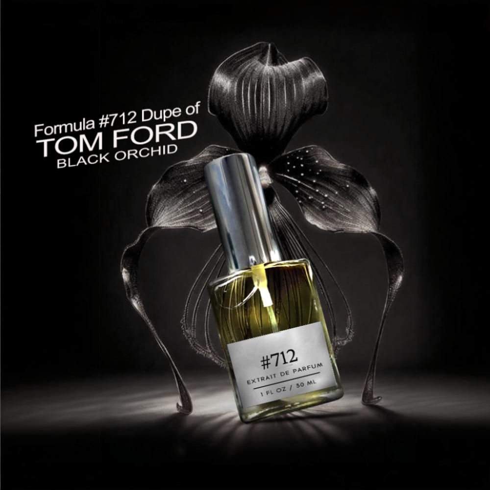 Dupe of Tom Ford Black Orchid perfume – Formula #712 Extrait de Parfum in a sleek glass bottle, set against a black orchid-themed background.