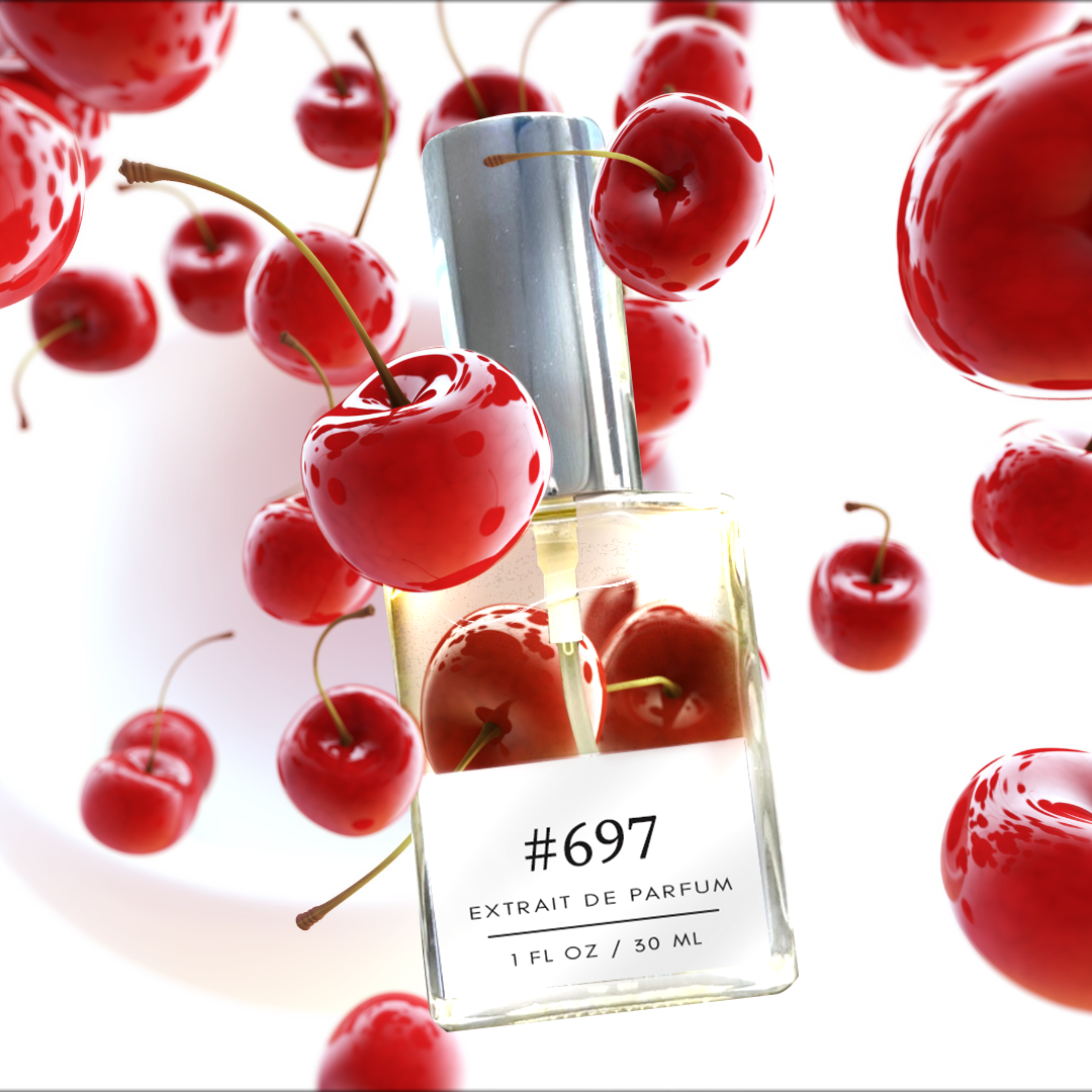 A 1 fl/30 ml bottle of exotic cherry liqueur perfume, a dupe of 'Lost Cherry,' labeled as #697. The bottle lies gracefully on its side against a white background, surrounded by cherries, evoking a sense of luxury and indulgence.