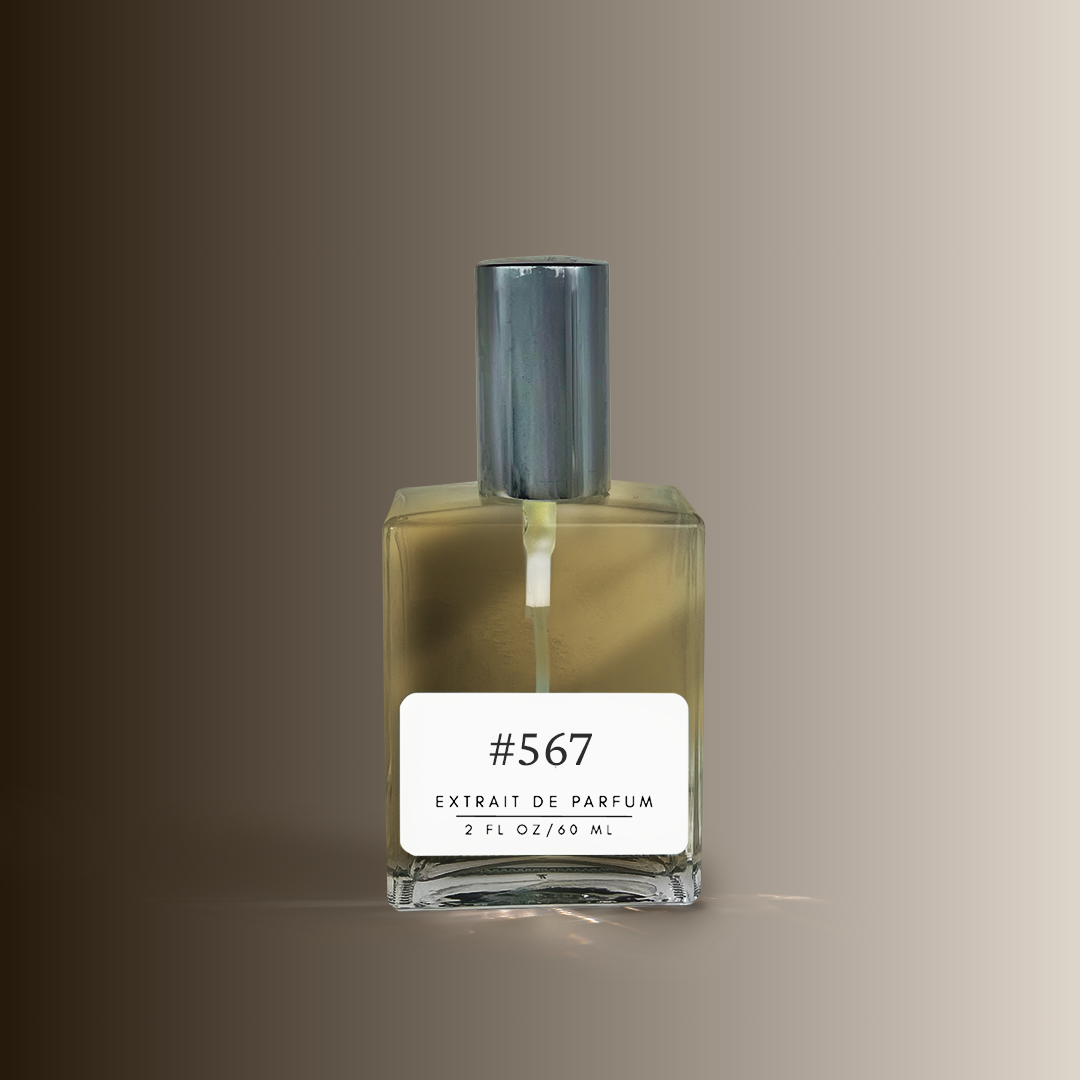 A square glass bottle of Extrait de Parfum #567 with a silver cap.