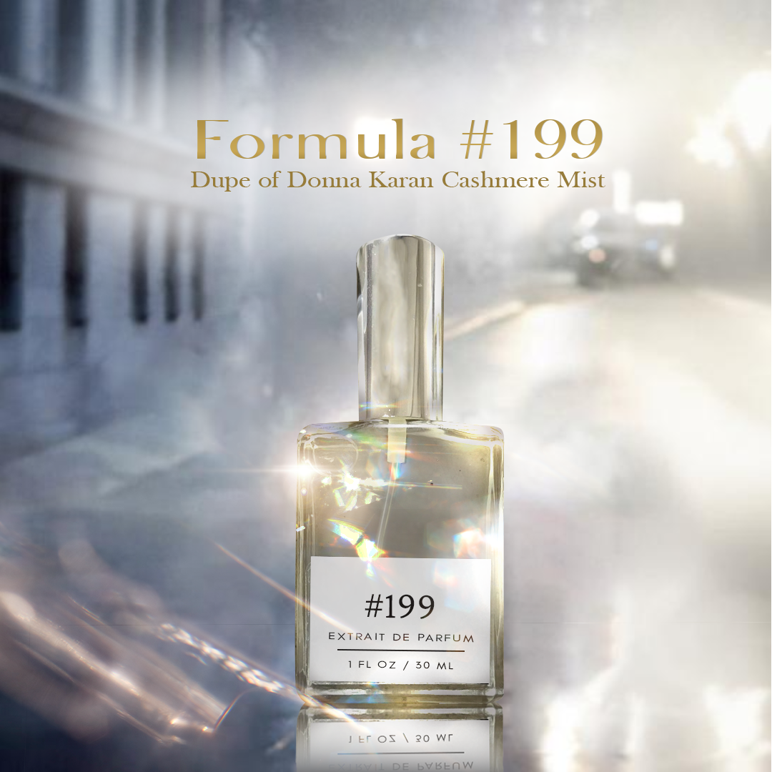 Formula #199 Extrait de Parfum bottle, a dupe of Donna Karan Cashmere Mist, displayed against a dreamy, glowing city background.