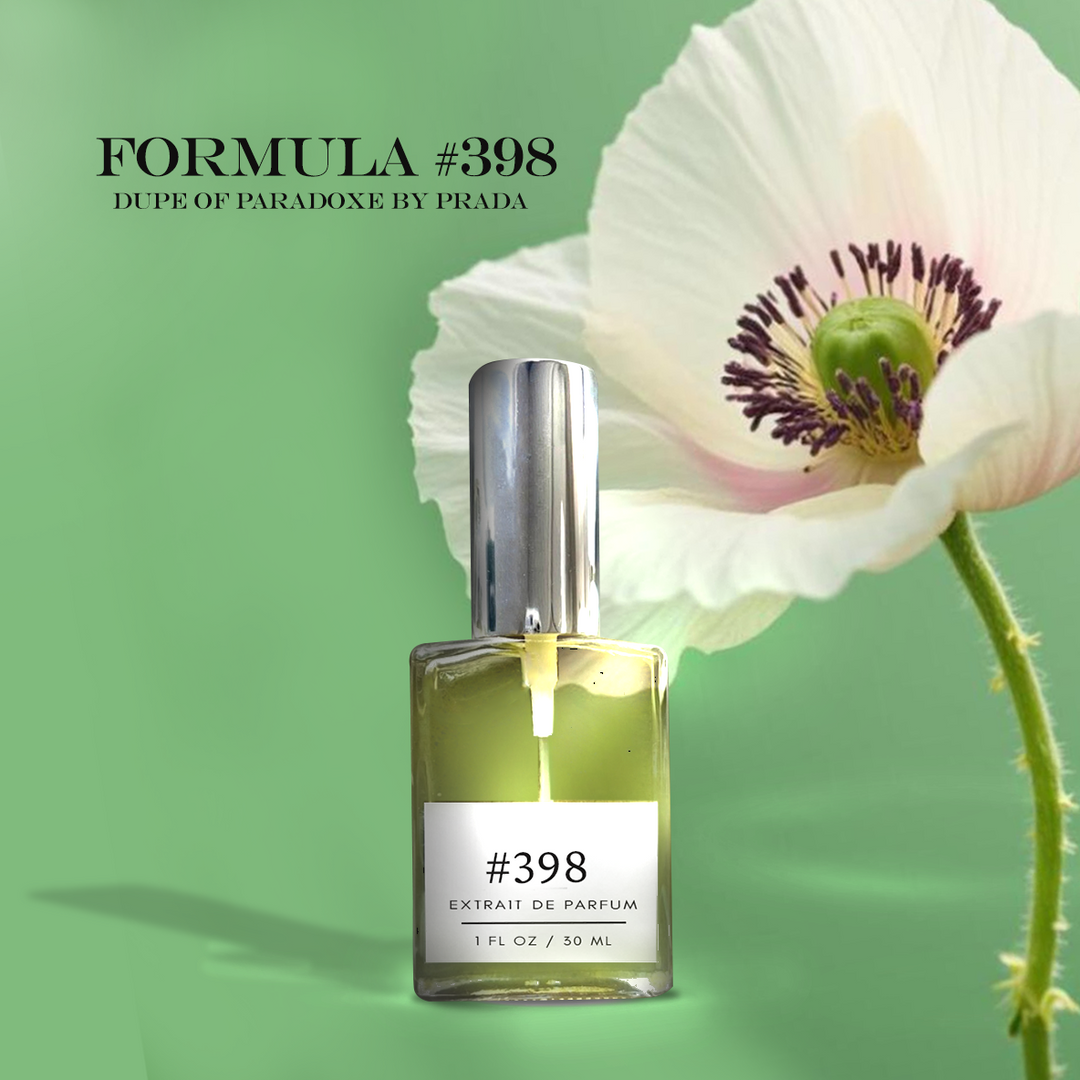 Formula #398 extrait de parfum, a dupe of Paradoxe by Prada, displayed in a glass bottle with a silver cap against a green background with a delicate white poppy flower.