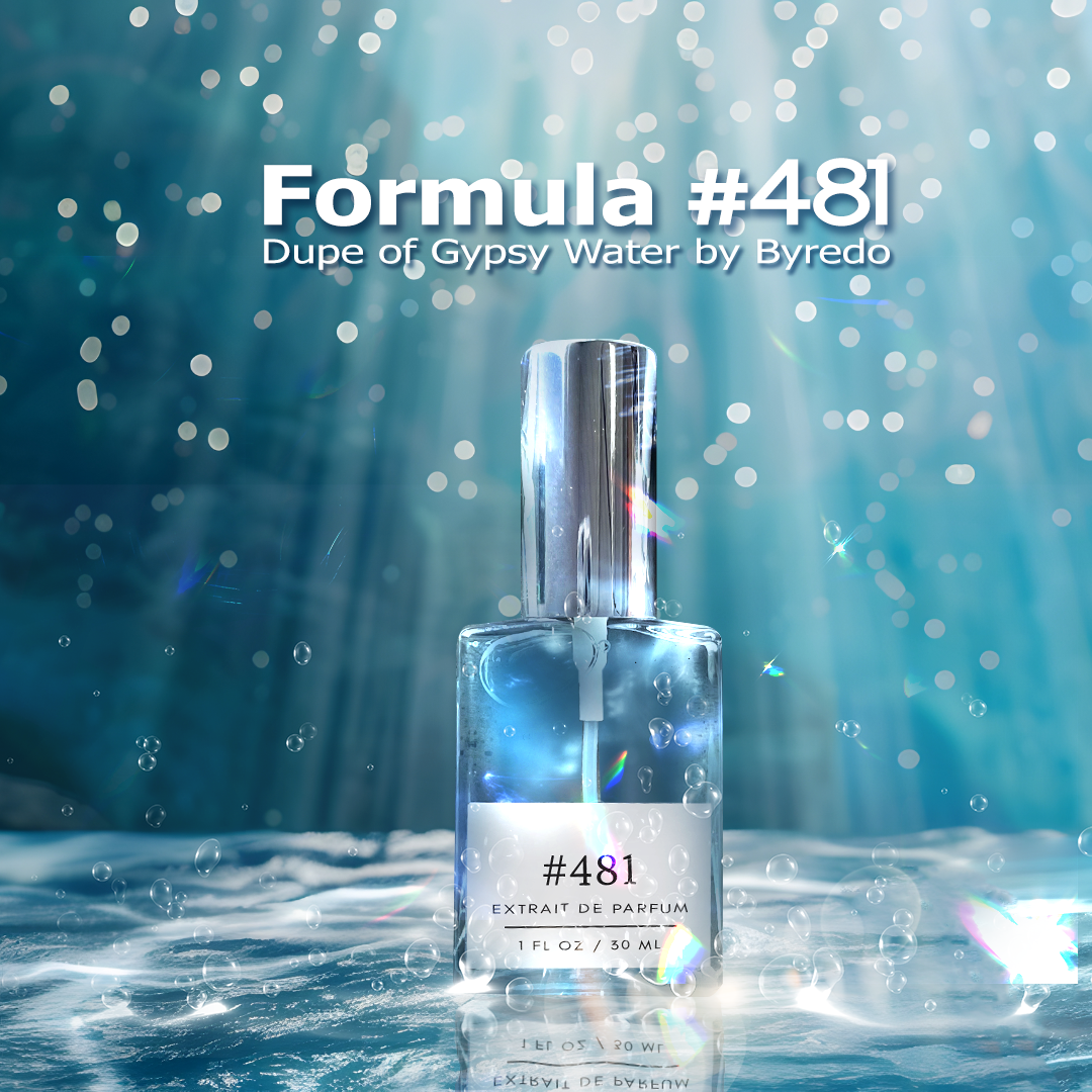 Formula #481 extrait de parfum, a dupe of Gypsy Water by Byredo, displayed in a sleek glass bottle with a silver cap, surrounded by shimmering water reflections and glowing light rays.