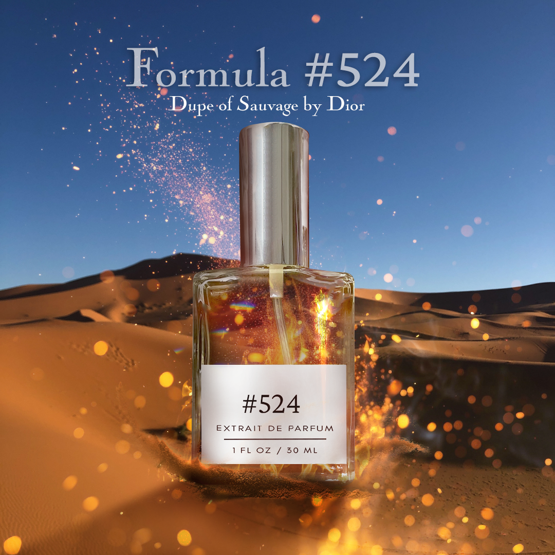 Formula #524 extrait de parfum, a dupe of Sauvage by Dior, showcased in a glass bottle with a silver cap against a desert backdrop with glowing golden sparkles.