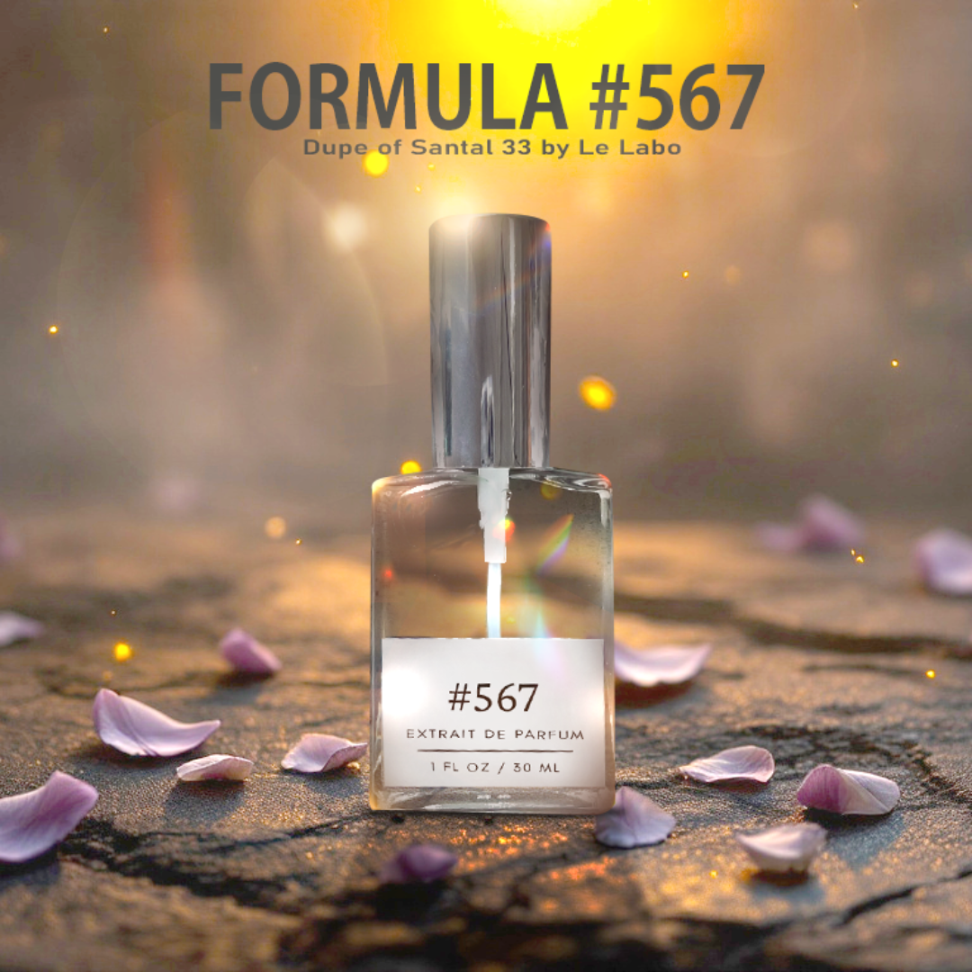 Formula #567 Extrait de Parfum bottle, a dupe of Santal 33 by Le Labo, displayed on a textured surface with scattered rose petals and a warm, glowing sunset in the background.