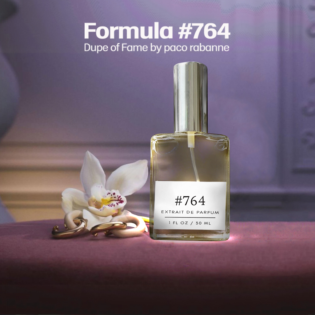 Formula #764 extrait de parfum, a dupe of Fame by Paco Rabanne, in a sleek glass bottle with a silver cap, set against a luxurious background with an orchid and gold jewelry.