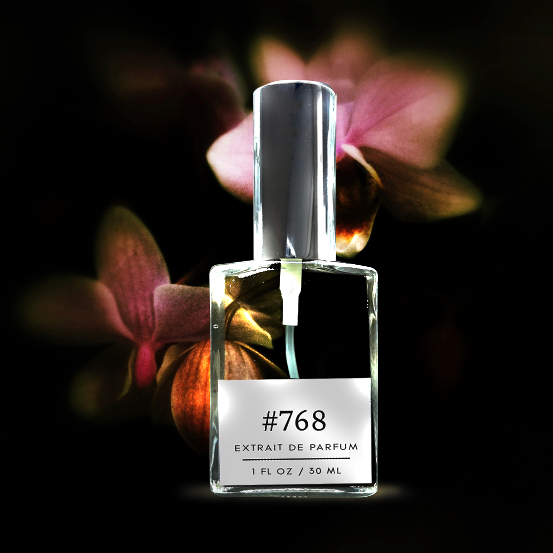 A 30ml bottle of fragrance labeled # 7681 fl/30 ml ' stands elegantly against a black background. The bottle is adorned with amber dark violet orchids, evoking a sense of luxury and sophistication.