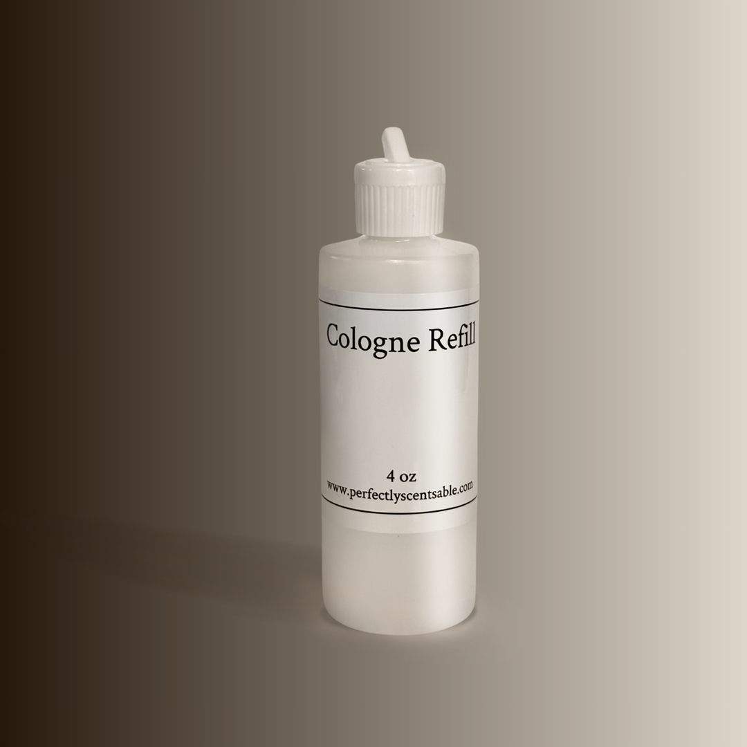 4 oz plastic bottle labeled "Cologne Refill" from Perfectly Scentsable.