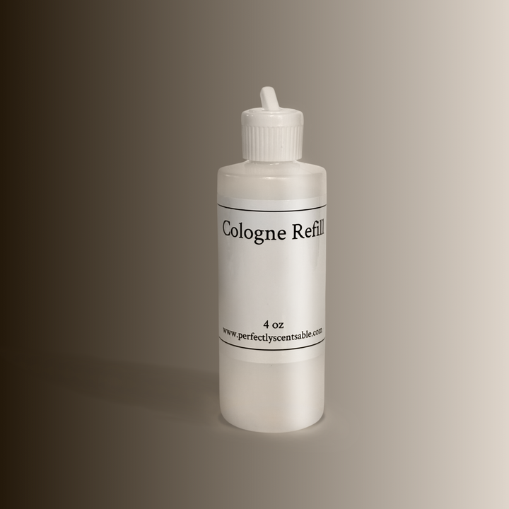 4 oz plastic bottle labeled "Cologne Refill" from Perfectly Scentsable.