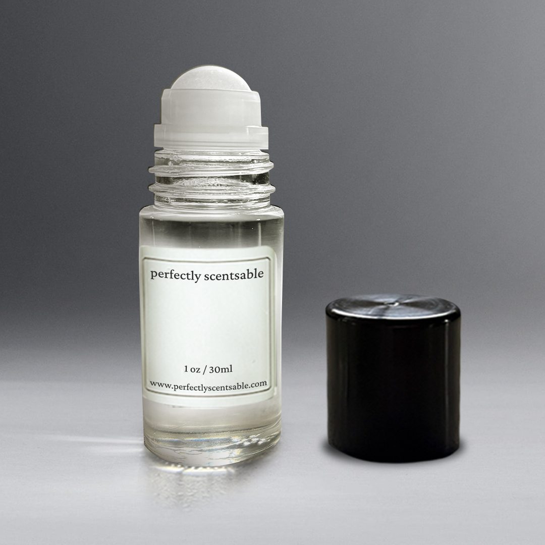 Perfectly Scentsable 1 oz (30 ml) roll-ball perfume oil bottle with a black cap.