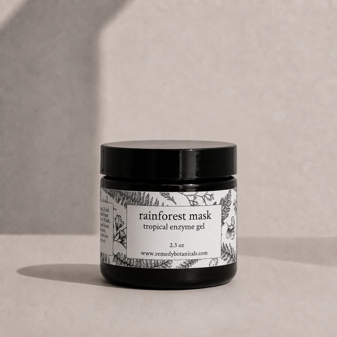 Jar of 'rainforest' with a label on a beige background