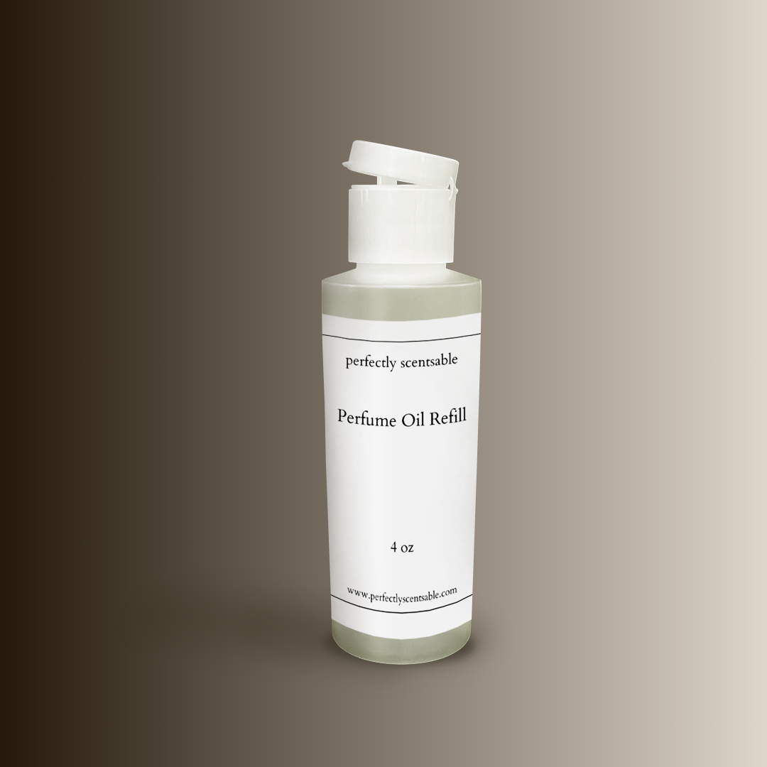 4oz bottle of Perfectly Scentsable perfume oil refill with flip-top cap.